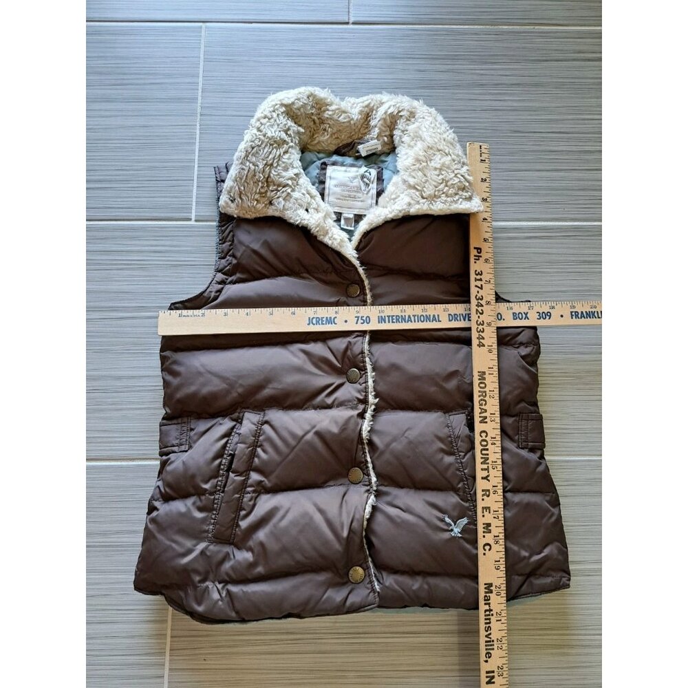Y2K American Eagle Small Vest Sherpa Lined Collar Puffer Down Filled Brown - Picture 6 of 7
